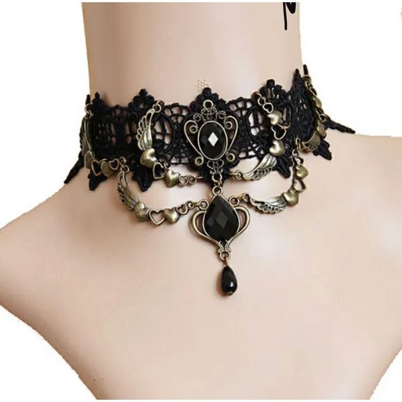 Dolls Kill Jewelry - black retro heart angel wings lace pendant choker